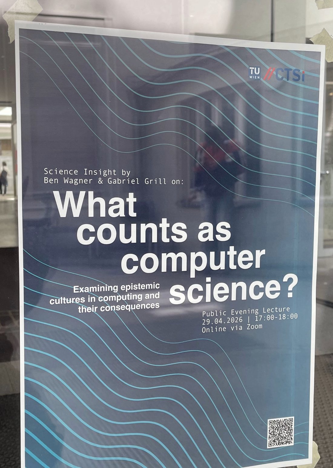 Plakat zur Public Evening Lecture „What counts as computer science?“ am Campus der TU Wien